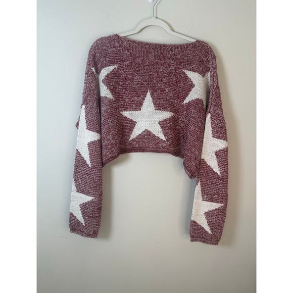 SHEIN Maroon White Star Knit Cropped Sweater Size L - Picture 2 of 7